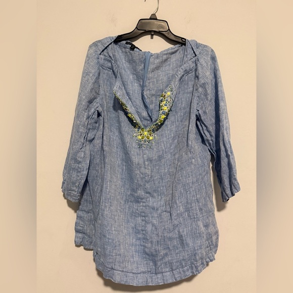 Lafayette 148 Beaded Linen Top Short  Sleeve Coastal V-neck Blouse Size 16 Blue - Picture 1 of 6